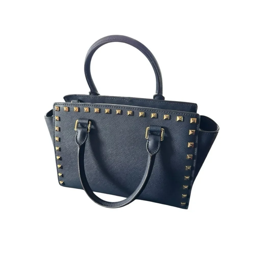 Michael Kors Medium TZ SELMA STUD Satchel Bag NAVY Blue Saffiano Leather